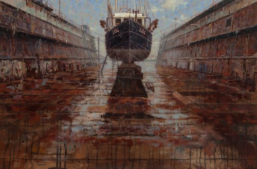 Scheepswerf, schip in droogdok Scheepswerf, schip in droogdok